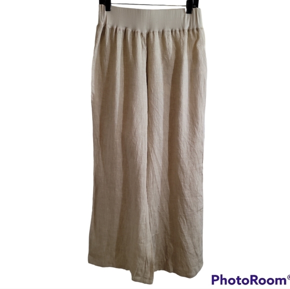 Karyn Seo Wide Leg Linen Pants Medium Oatmeal Pull-on Elastic Waist Neutral - Picture 1 of 5